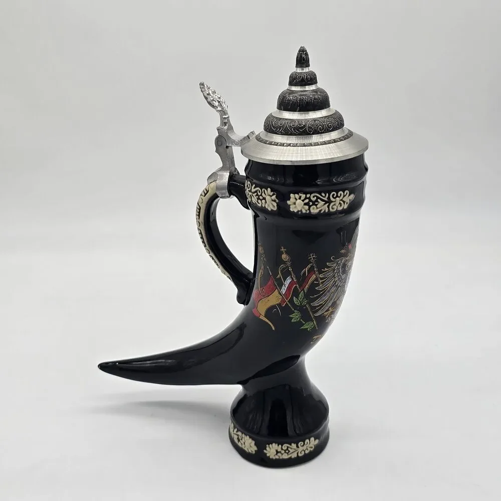 King Original Germany Horn Beer Stein Deutschland Pewter Lid Black Ceramic